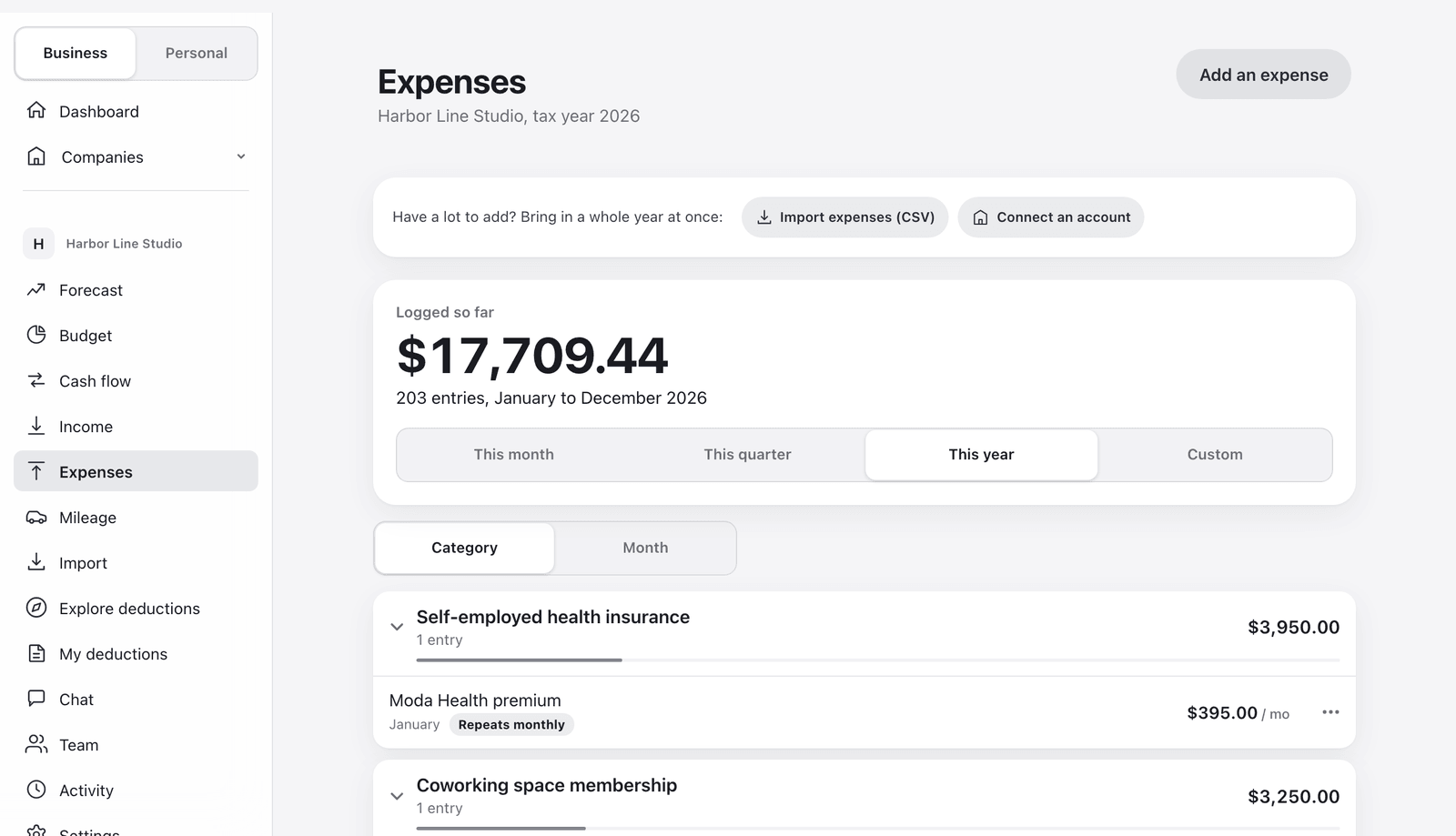 Expenses in a desktop browser for a sample design studio: the sidebar of business pages, $17,709.44 logged this year, and expenses grouped by category with each entry beneath.