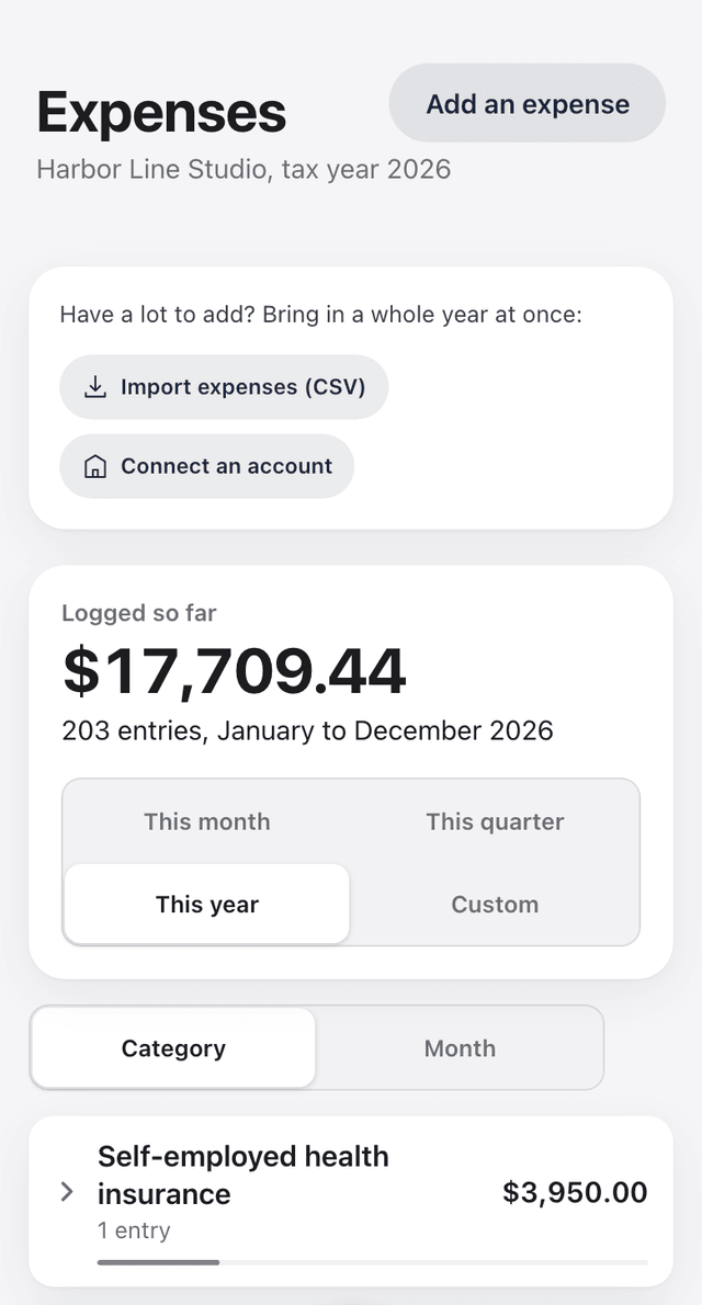 The Expenses screen on a phone for a sample business: $17,709.44 logged across 203 entries this year, grouped by category, with self-employed health insurance at the top.