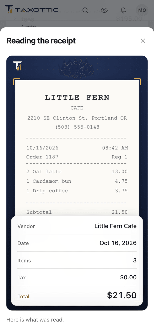 A receipt being read on a phone: a cafe receipt for $21.50 on the scanner bed, with the vendor, date, item count, tax and total read from it for checking.